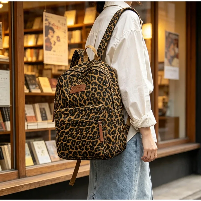 sac à dos coréen rétro à imprimé léopard, grande capacité, léger, pour voyage, école, mode, décontracté, sac à dos pour ordinateur portable