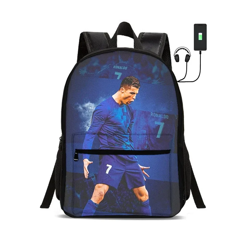 sac à dos de star du football avec interface usb, sac à dos ronaldo pour étudiants, sac à dos pour garçons et filles, meilleur cadeau
