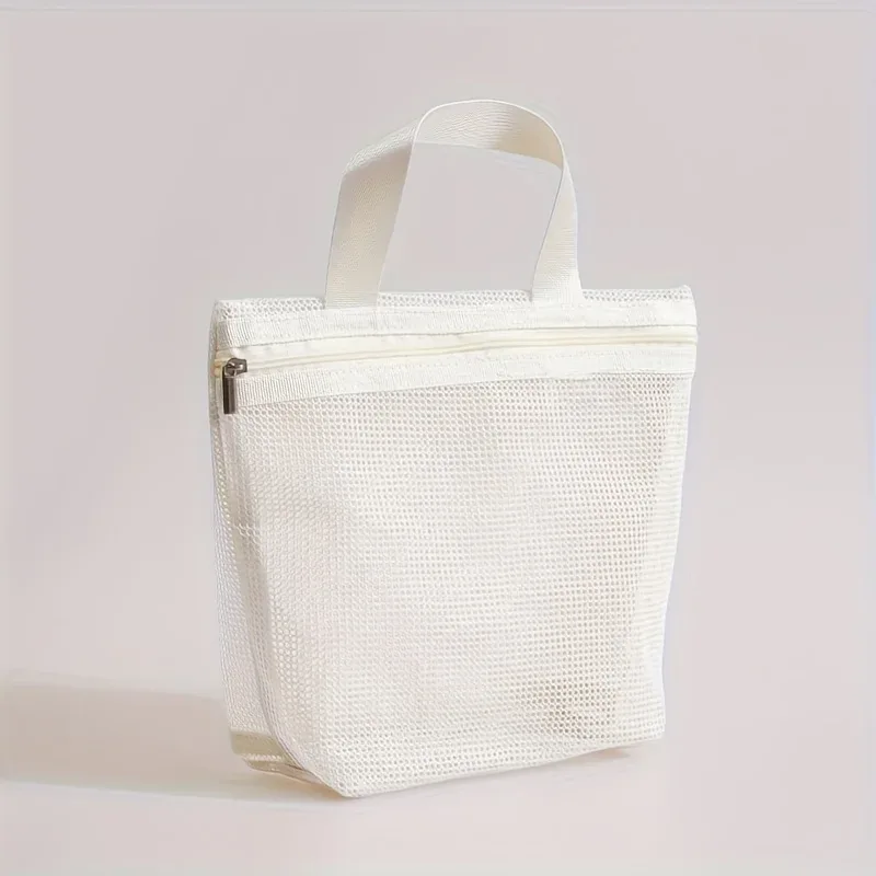sac de rangement en maille portable pour sacs à main, design ajouré pour le bain, l'égouttage, les articles de toilette, les voyages, la natation, le maquillage.