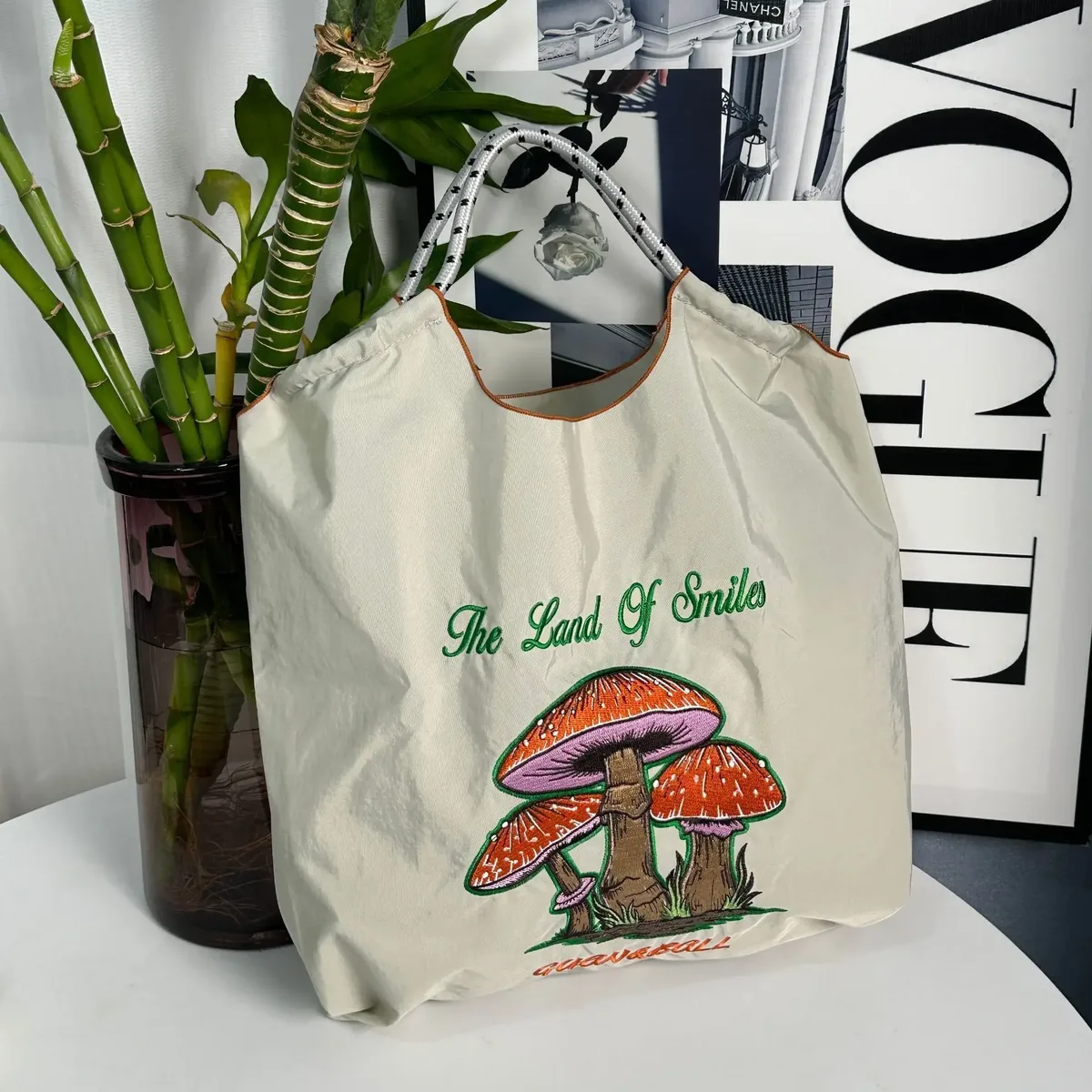 sac de shopping brodé pour femmes, avec chaîne à billes, grande capacité, en nylon écologique, sac à main, sac à bandoulière, sac porté en travers du corps.