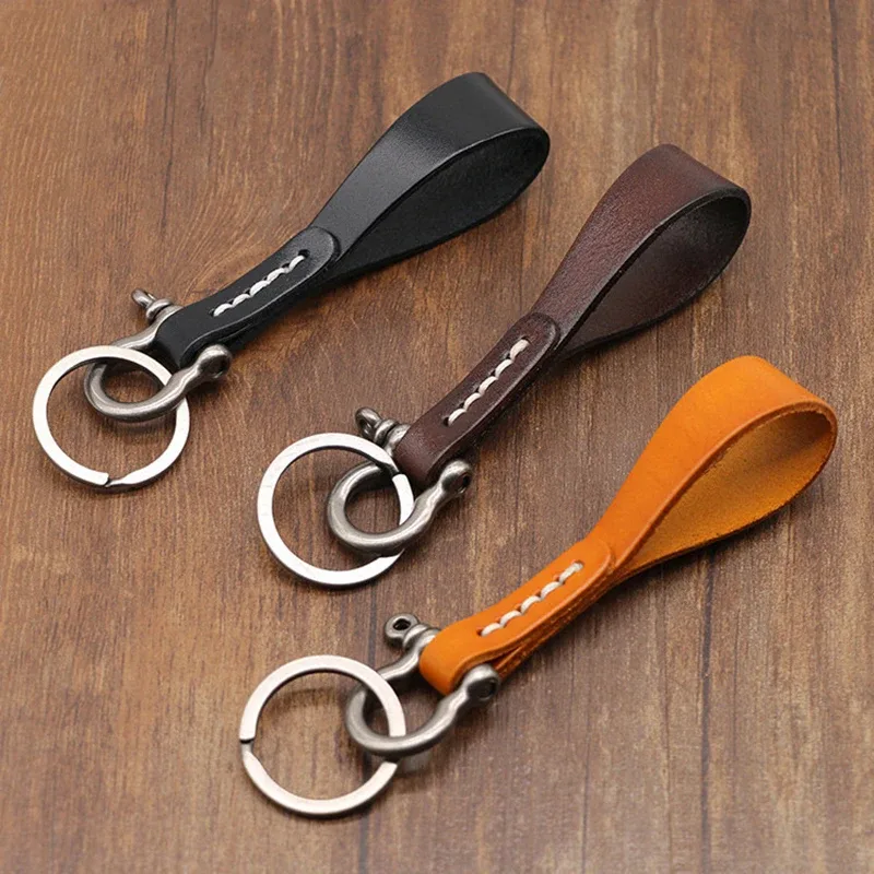 porte-clés en cuir de vachette fait main de haute qualité, breloque de sac, cordon pour clés de voiture, boucle fer à cheval vintage en cuivre, pendentif de sac à dos
