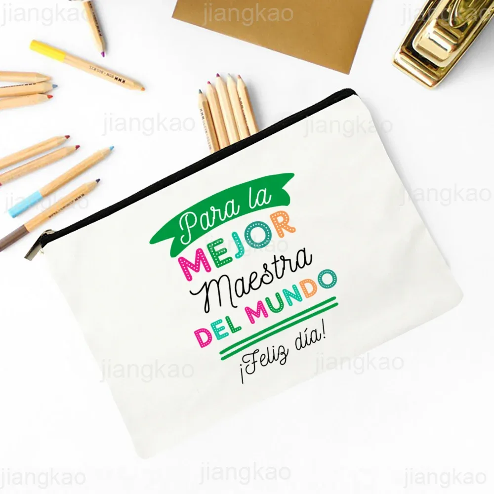 meilleur professeur du monde sac de maquillage imprimé espagnol nécessaire de voyage pochette de rangement d'articles de toilette sacs à crayons cadeau de diplômé pour enseignant