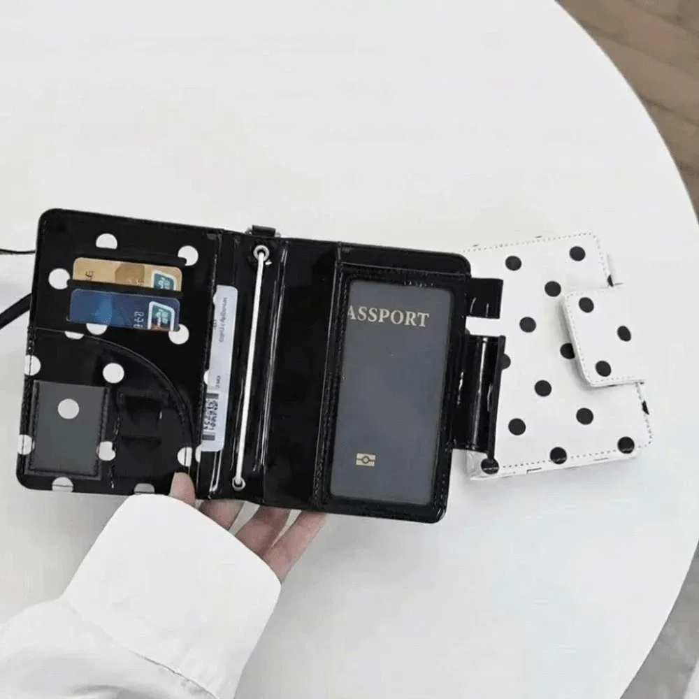 porte-passeport multifonctionnel à pois, porte-cartes multi-emplacements, design fin, sac de rangement pour cartes, léger, noir et blanc