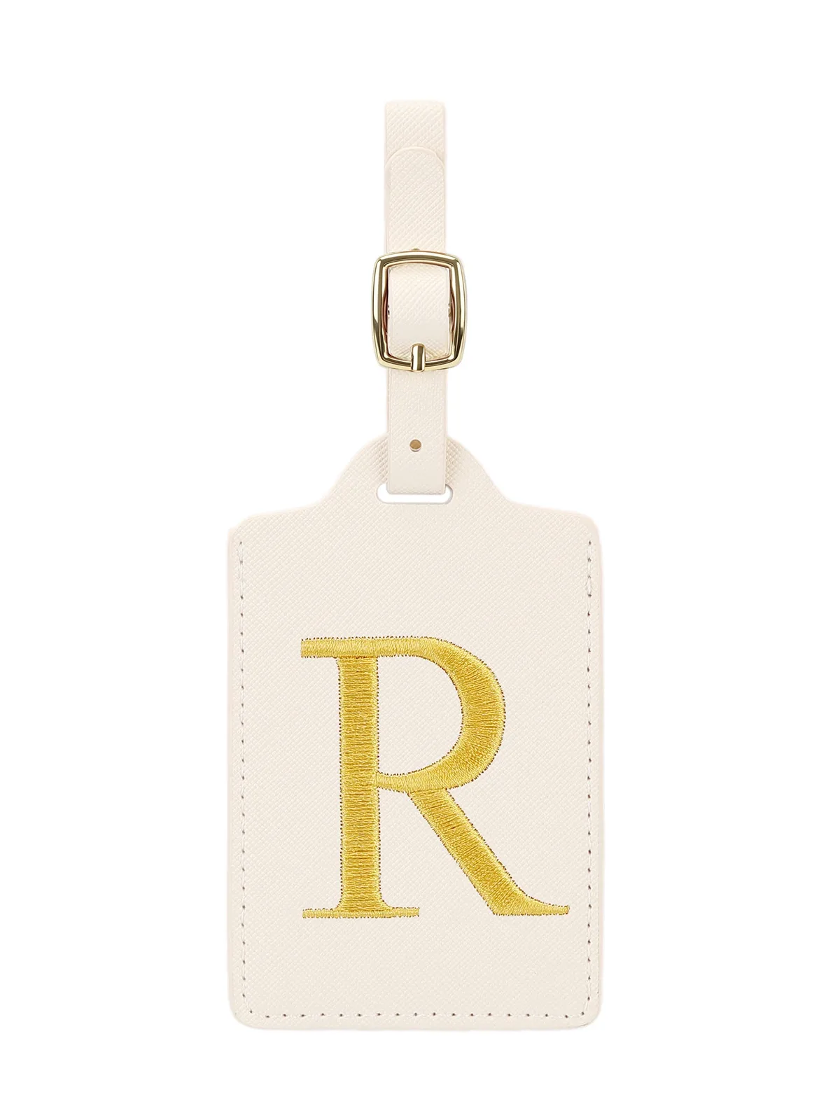 étiquette bagage polyester lettre dorée cuir blanc rectangulaire identification voyage unisexe alphabet fixation anneau métallique