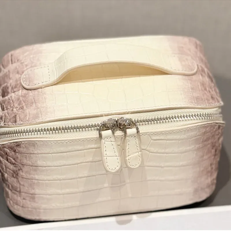 nouveau style européen et américain, trousse de maquillage en cuir de vachette de première qualité à motif crocodile, tendance, en cuir véritable, grande capacité, voyage