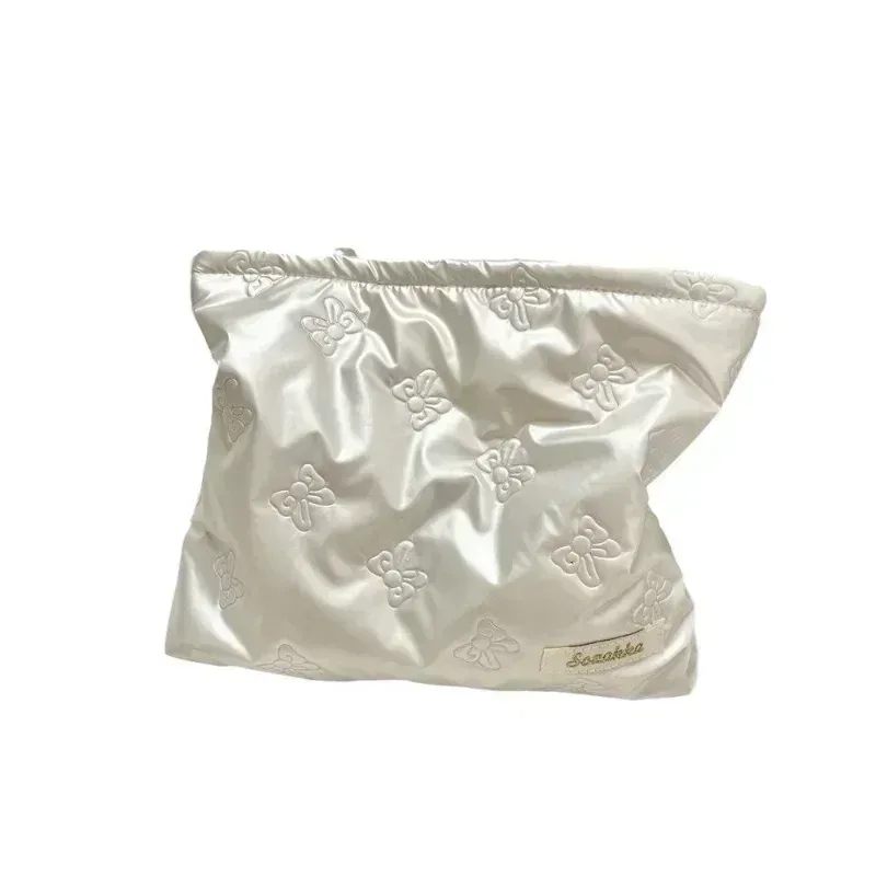 sac à cosmétiques matelassé coréen en pu avec nœud d'amour, pochette pour produits de soins de la peau, poche intérieure, sac de rangement multifonction pour maquillage et rouge à lèvres