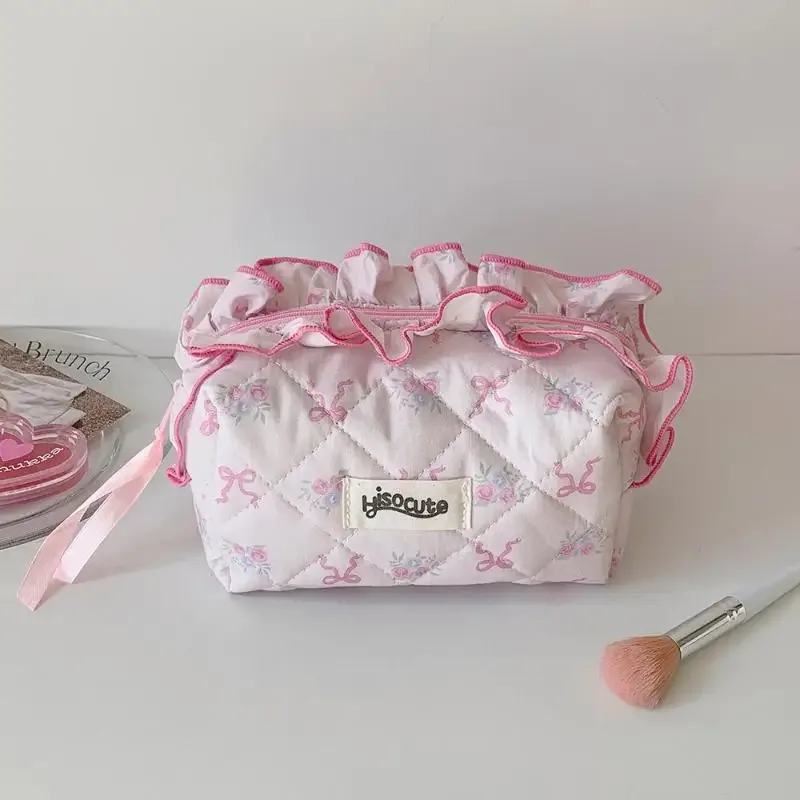 sac de maquillage en coton matelassé avec nœud mignon pour femmes, organisateur de cosmétiques à fermeture éclair, sac à main en tissu, trousse de toilette portable pour filles
