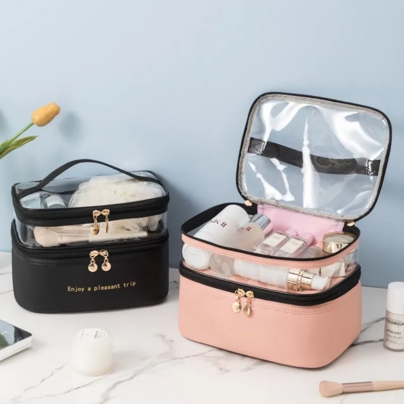 sac à cosmétiques double transparent en pu, sac de lavage portable, sacs de maquillage de grande capacité, trousse de toilette de voyage étanche, sacs de rangement