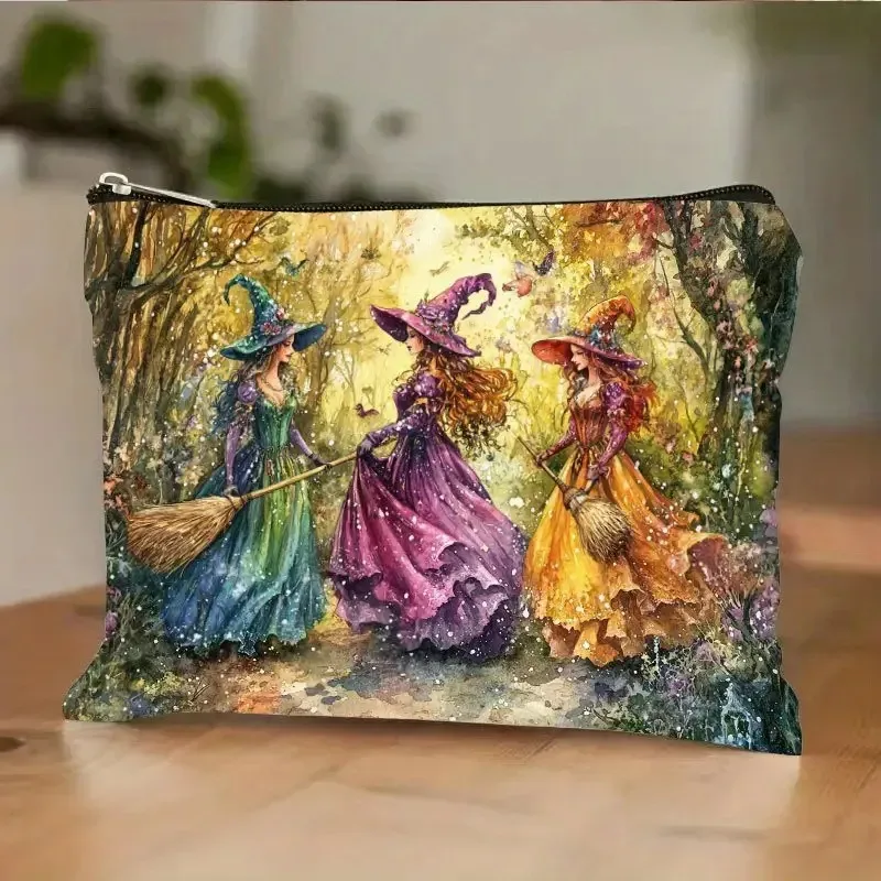 Trousse de maquillage rétro en résine de sorcière, avec conception de forêt d'automne vibrante, fermeture éclair de sécurité, sac de voyage multifonctionnel
