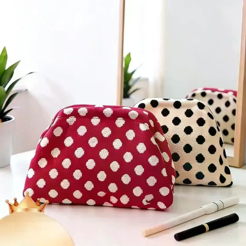 trousse de maquillage rétro européenne et américaine à pois - pochette cosmétique portable grande capacité tricotée à blocs de couleurs