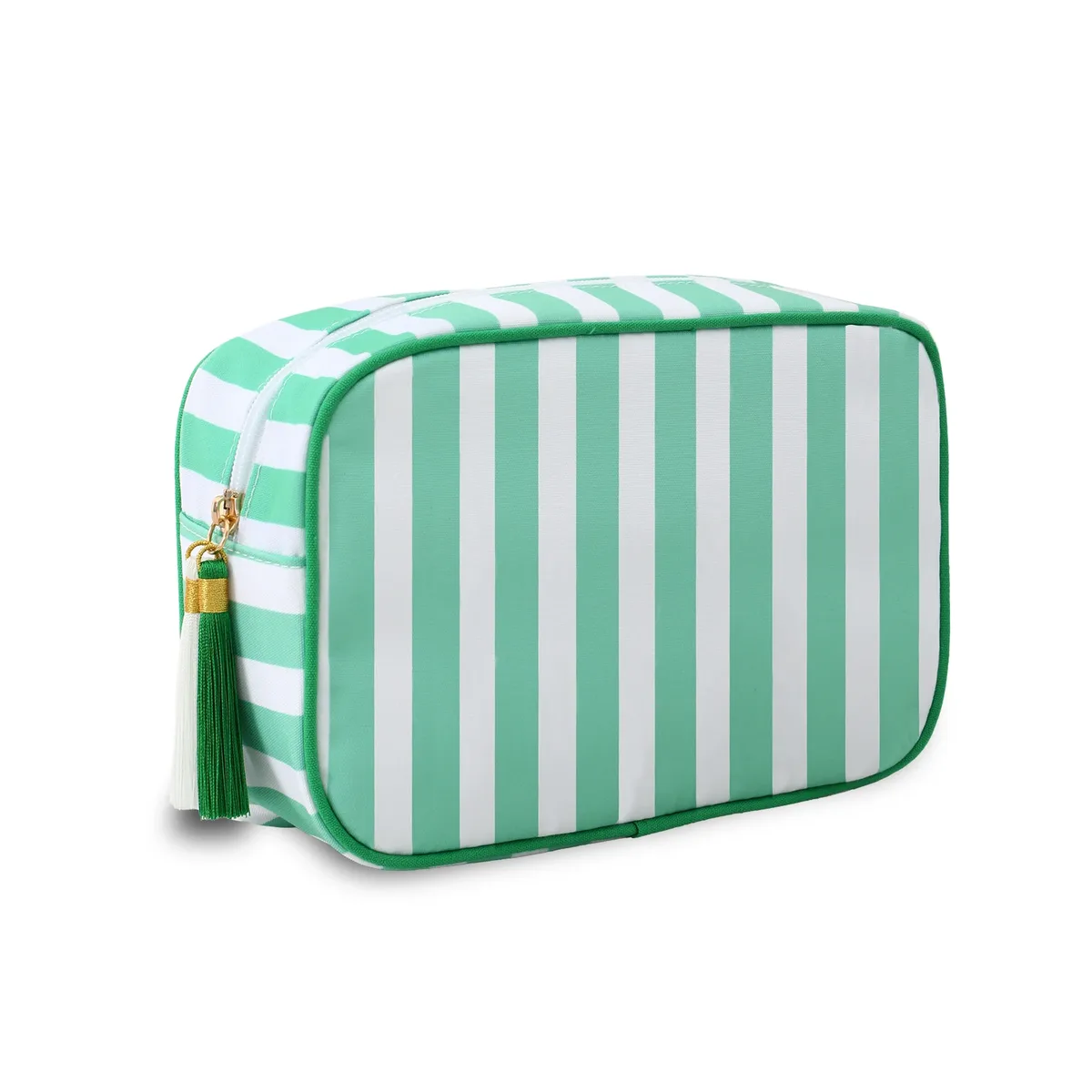 grand sac à cosmétiques portable rayé pour femmes, sac de maquillage à pompon avec fermeture éclair, pochette de rangement de grande capacité