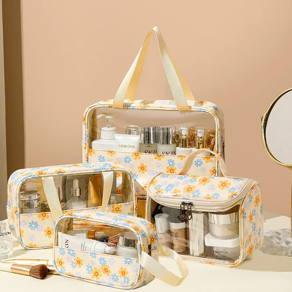 4 pièces sac de maquillage en pvc fleur imprimé sac à main de lavage transparent pochette cosmétique de voyage étanche trousse de toilette pratique porte-monnaie