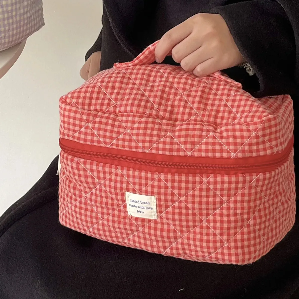 trousse de maquillage à carreaux, sac à cosmétiques portable de grande capacité pour femmes et filles, trousse de toilette de soins de la peau, pochette portefeuille multifonctionnelle mignonne