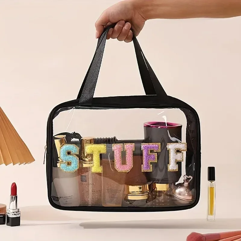 boîte de maquillage transparente givrée en pu, trousse de toilette de voyage étanche, sac de rangement de bain portable de grande capacité, sac à déjeuner pour enfants