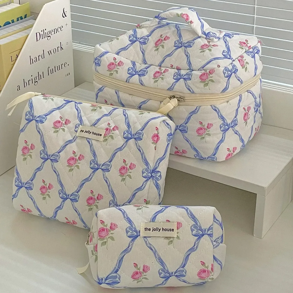 trousse de toilette portable avec fermeture éclair pour femme, trousse de maquillage, sac à main, courtepointe, coton, mignon, nœud, fleur, femme, évaluation, gril, cosmétique, filles