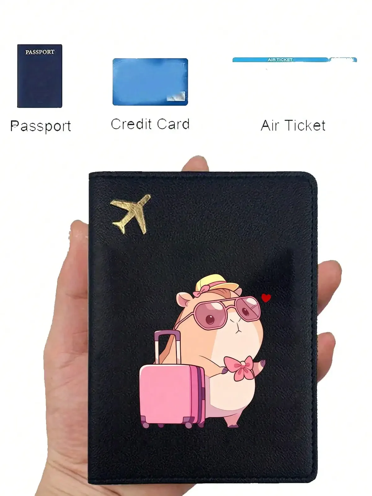 pochette passeport noire motif hamster lunettes nœud papillon voyage document transport sac petite taille usage routier