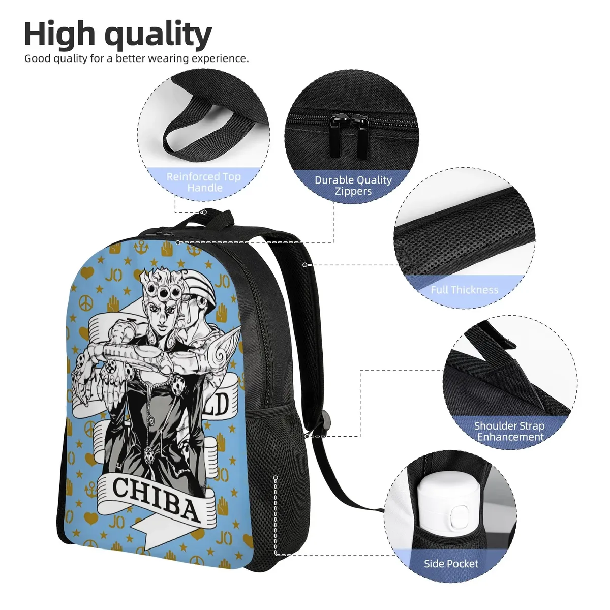 sac à dos jojo's bizarre adventure world, sac ita, sac à dos décontracté pour le camping avec fermeture éclair, motif anime jojo
