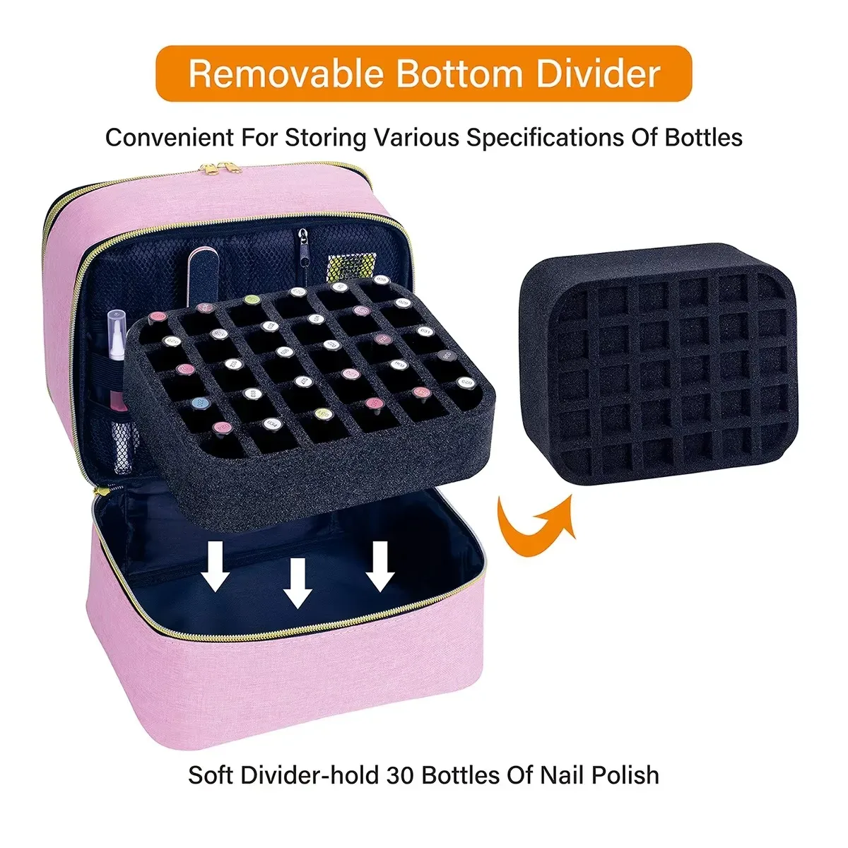 organisateur de rangement amovible à 30 compartiments rembourrés en mousse pour 30 flacons de 15 ml de vernis à ongles ou d'huiles essentielles.