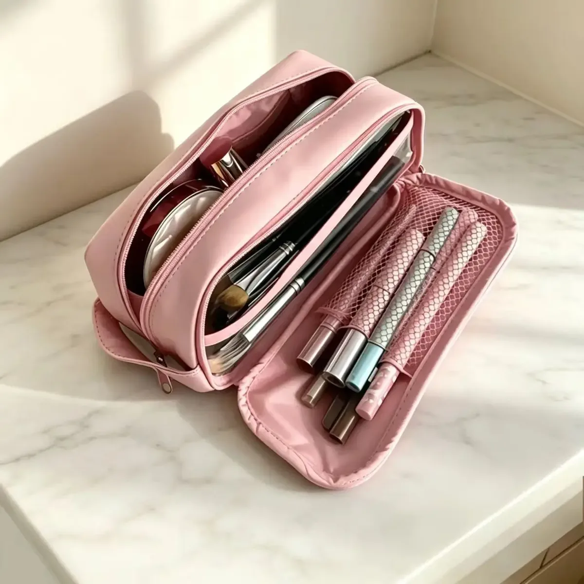 grande trousse de maquillage noire en maille, portable, pour voyage, organiseur de pinceaux de toilette, sac à pinceaux au design simple pour femme, pour usage quotidien