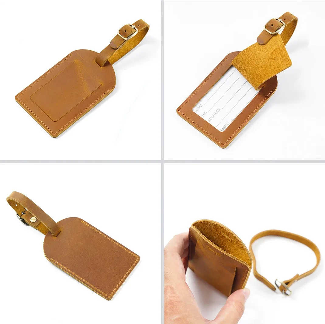 étiquette de bagage en cuir de cheval véritable elin, étiquette de valise vintage, étiquette d'embarquement de bagages, porte-adresse d'identification, étiquette de voyage
