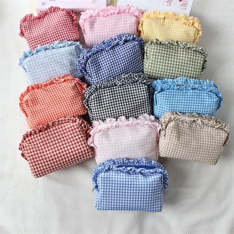 pochette de maquillage à franges en tissu gingham, style coréen, grande capacité, portable, trousse de toilette de voyage pour filles et femmes