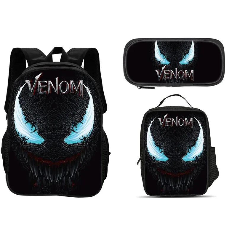 ensemble de 3 pièces du film venom : sac à dos + sac à lunch + trousse à crayons, papeterie de voyage à la mode, cadeau pour enfants, école, polyvalent