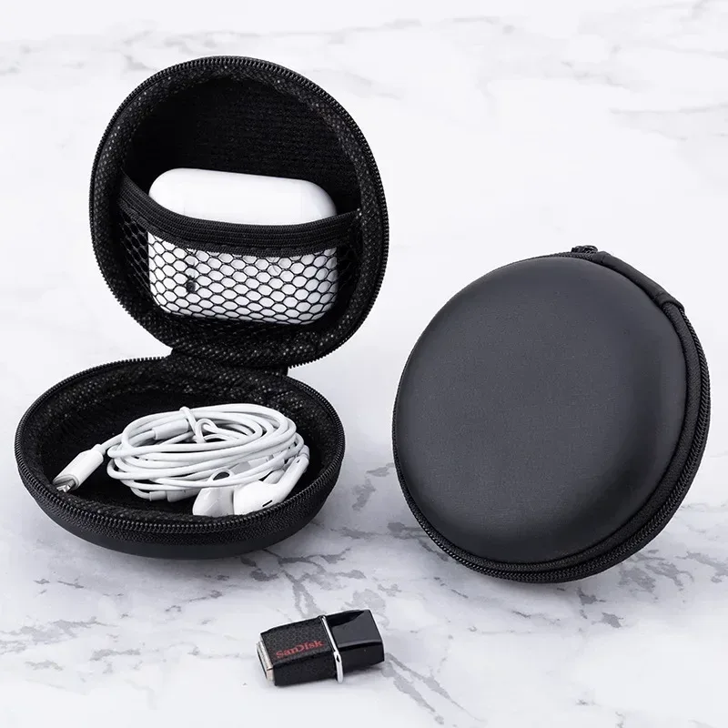 mini pochette de rangement ronde en eva, sac antichoc en tissu composite avec fermeture éclair, organiseur portable pour écouteurs, câbles de données et rangement de voyage