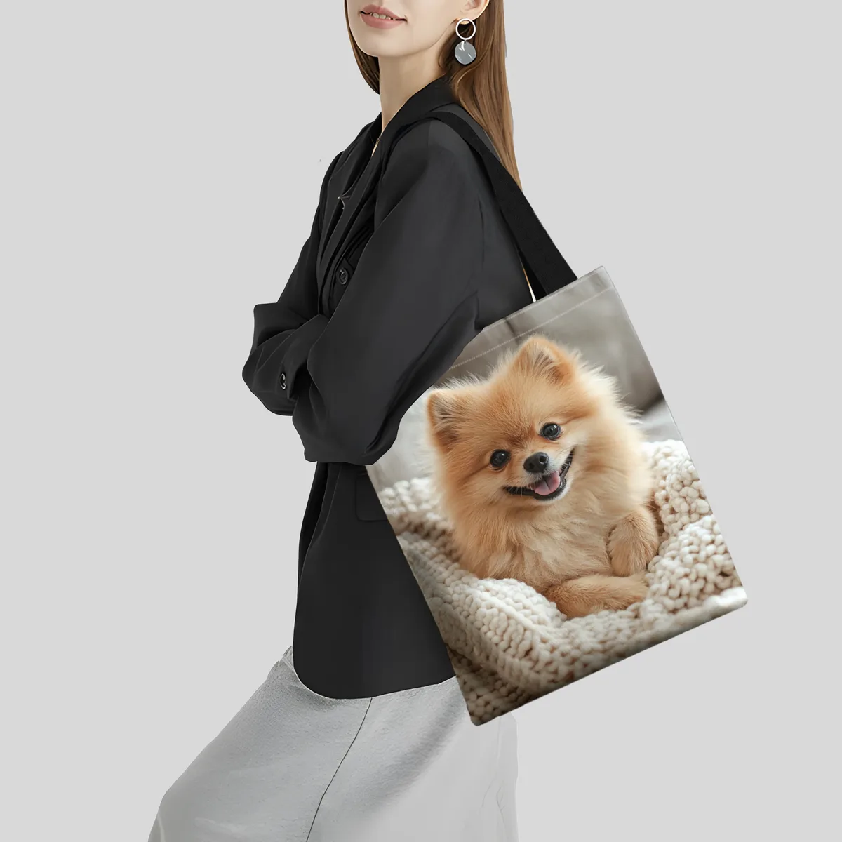sac à main motif chien poméranien joyeux, imprimé panier de fleurs roses, sac fourre-tout en toile grande capacité, sac de shopping pratique.