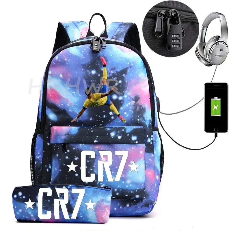 sac à dos usb cr7 pour femmes et hommes, sac à dos de voyage décontracté anti-vol, sacs d'école pour adolescents avec capacité pour ordinateur portable, avec trousse à crayons, 2 pièces