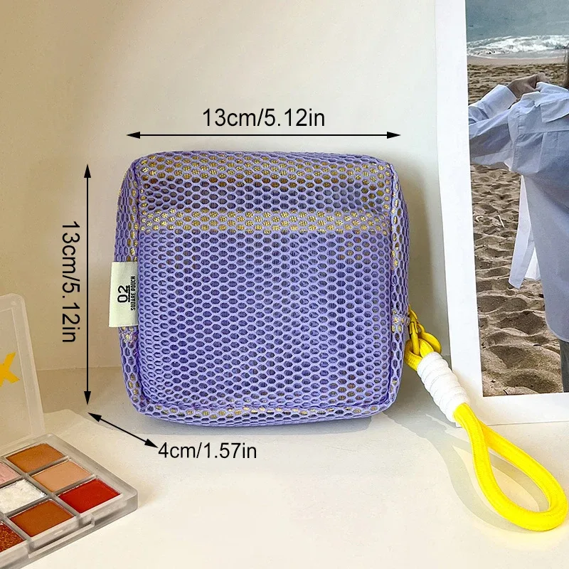 sac de rangement cosmétique carré portable avec fermeture éclair, sac cosmétique carré en maille, sac de rangement multi-usages pour articles divers