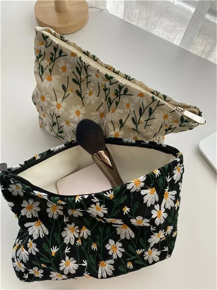 sac à cosmétiques pour femmes, pochette brodée marguerite florale, trousse de toilette de voyage coréenne, pochette de maquillage de beauté, trousse à crayons organisateur