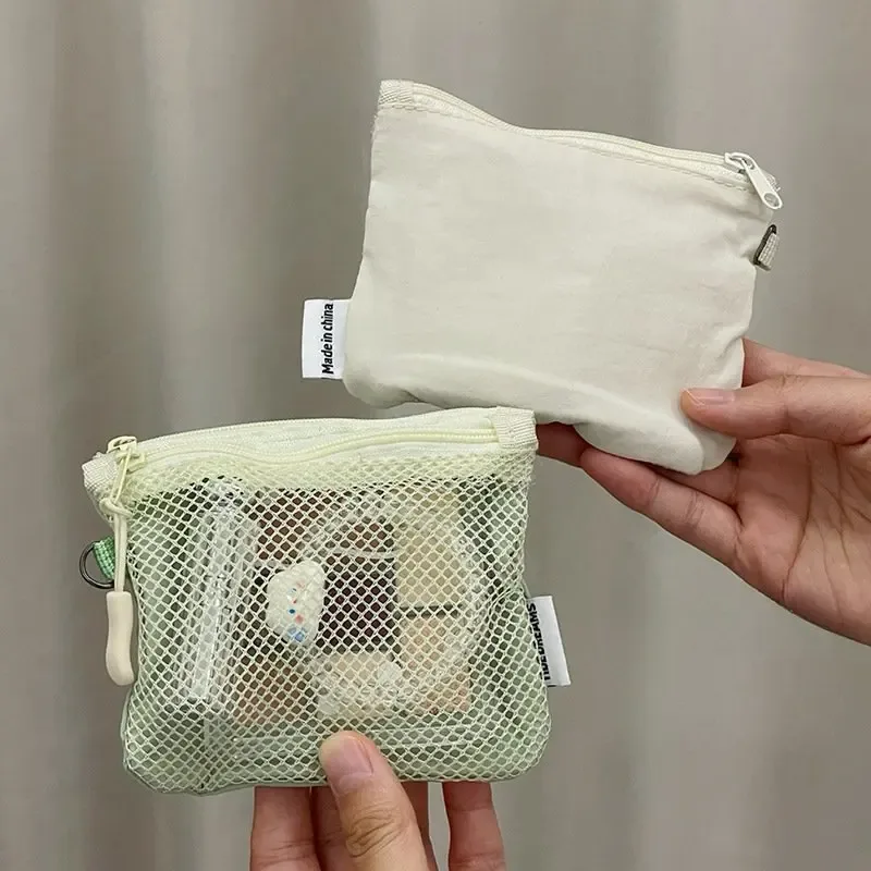 sac en maille de couleur unie, fermeture éclair double couche, mini sac de rangement pour articles divers, portefeuille portable, sac pour rouge à lèvres et cosmétiques