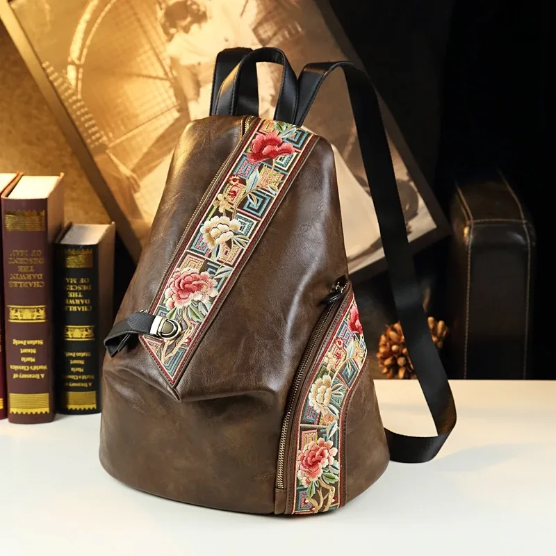 sac à dos rétro en cuir véritable pour femmes, design brodé, pour voyage, anti-vol, tendance
