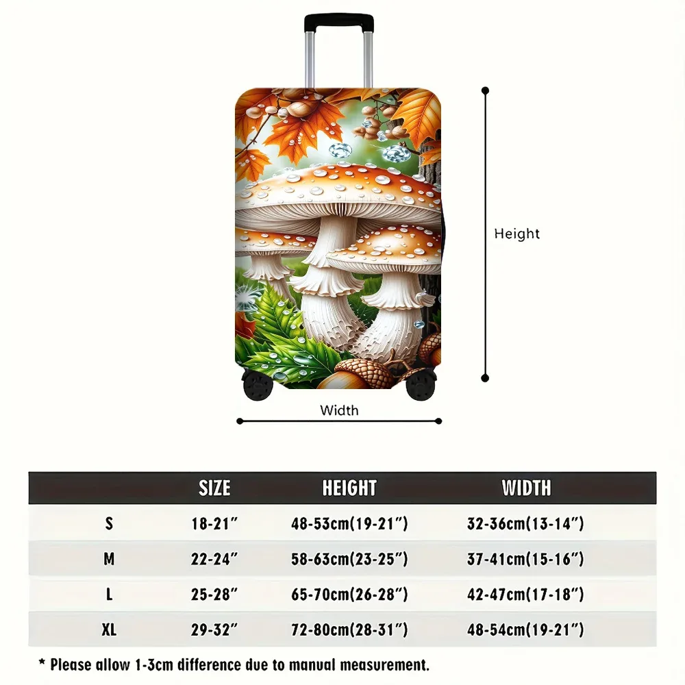 housse valise polyester motif champignons feuilles glands gouttes eau couleur principale vert orange beige protection voyage