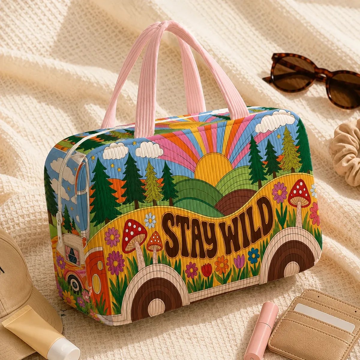 trousse de toilette de voyage rétro imprimée, organiseur de maquillage portable, étui de rangement pour produits de beauté, sac à main stay wild pour les vacances