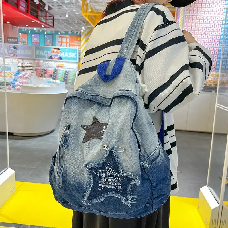 y2k coréen décontracté denim sac à dos mode étoile modèle grande capacité étudiant cartable adolescents vintage punk voyage livre sac