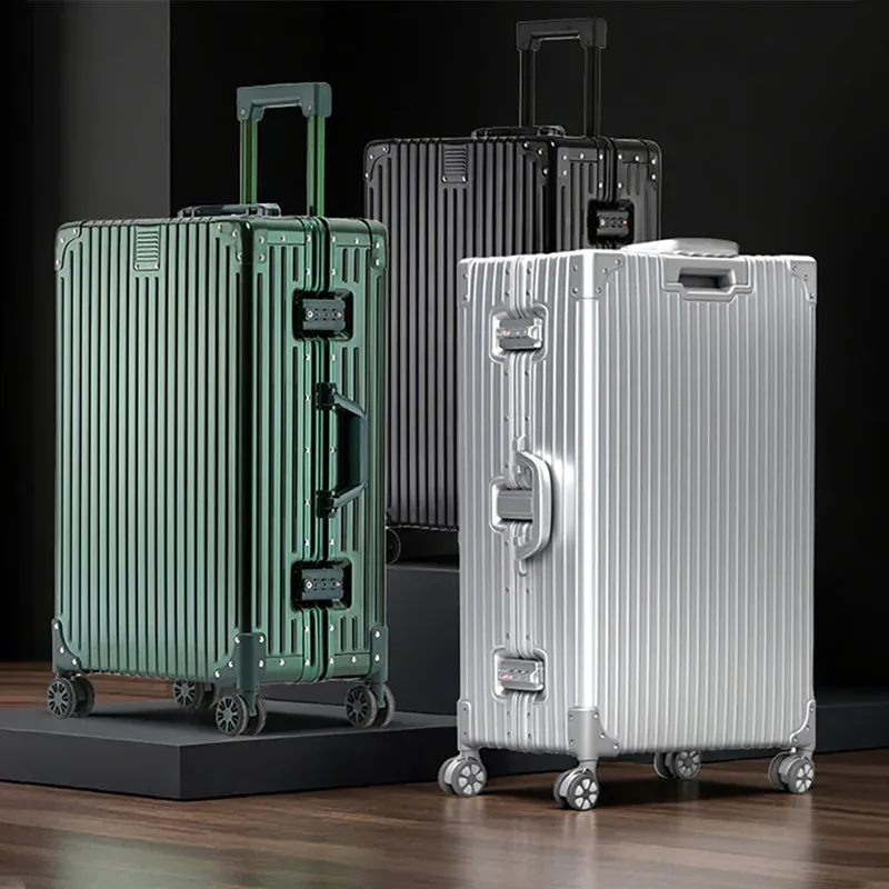 Valise en alliage d'aluminium et de magnésium, bagages roulants rétro, roues multidirectionnelles, étui de voyage en métal, serrure à combinaison, nouvelle collection 100%