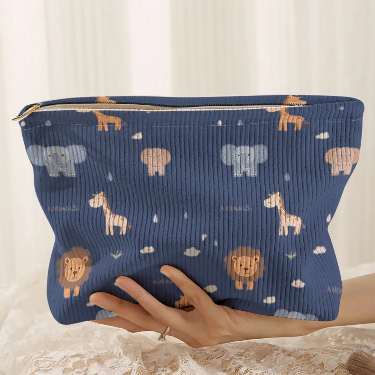 1. trousse de maquillage en velours côtelé à motifs animaliers, boîte de rangement légère à fermeture éclair, sac multifonctionnel avec doublure