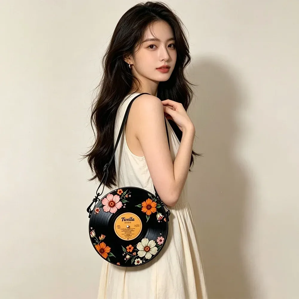 sac à bandoulière rond à imprimé floral record, sac messager décontracté pour femme, meilleurs cadeaux, sac à bandoulière plat 2d décontracté pour tous les jours, accessoires.