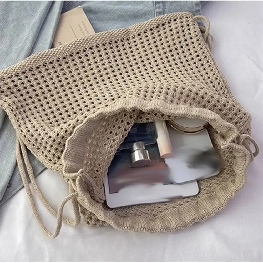 sac à bandoulière en tricot couleur unie, style décontracté, grande capacité, sac à dos bohème en crochet, polyvalent et ajouré