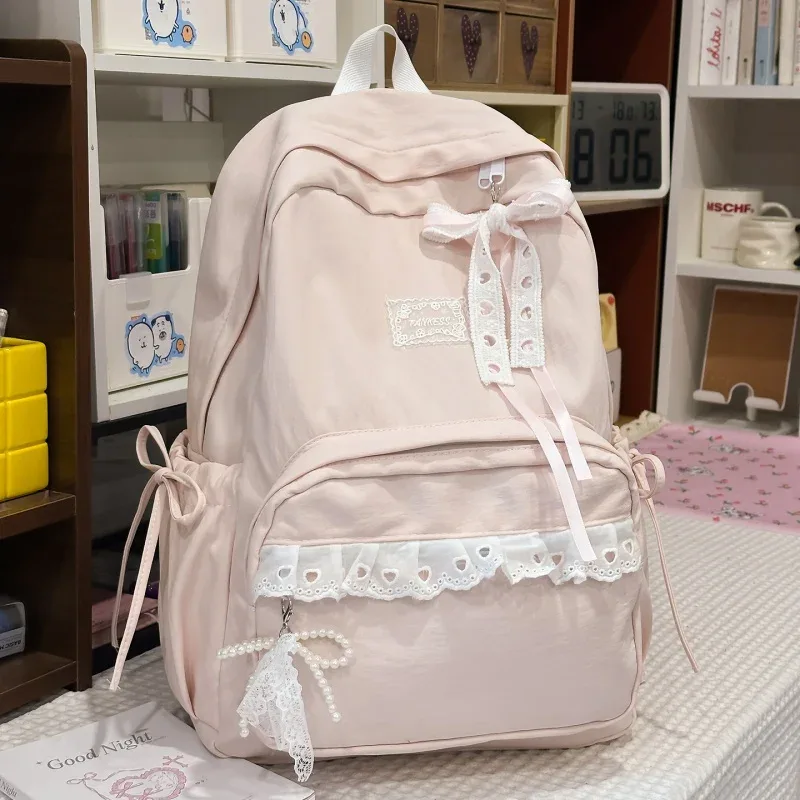 sac à dos élégant pour étudiantes, grande capacité, décontracté, avec nœud, en nylon souple, style preppy, pour filles, idéal pour le shopping et les sorties