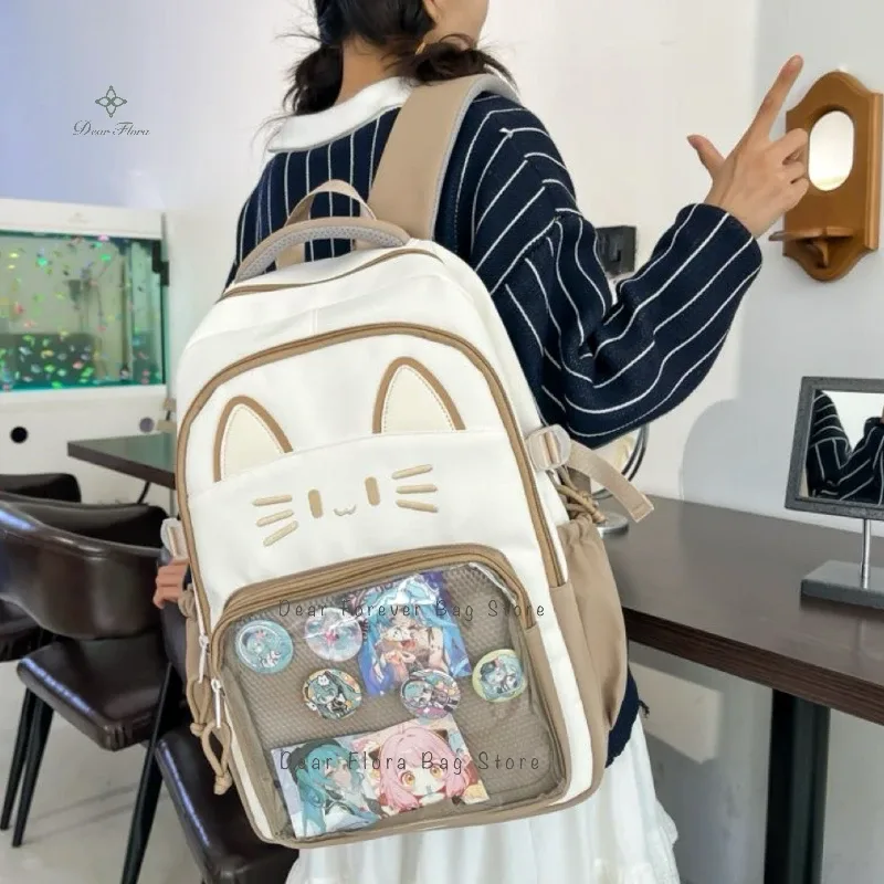 sacs à dos y2k mignons motif chat, grande capacité, sac à dos décontracté pour fille, sac à dos transparent diy, cartable de voyage tendance à motif dessin animé
