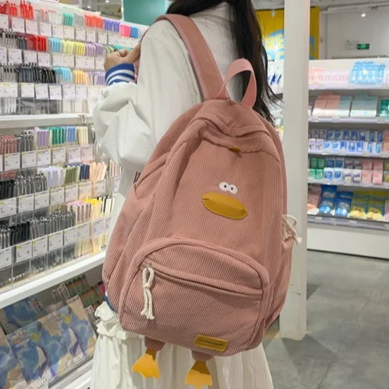 sac à dos en velours côtelé avec motif de canard mignon, grande capacité, design 3d avec pattes de canard, léger, décontracté, pour étudiants, adolescents, voyages