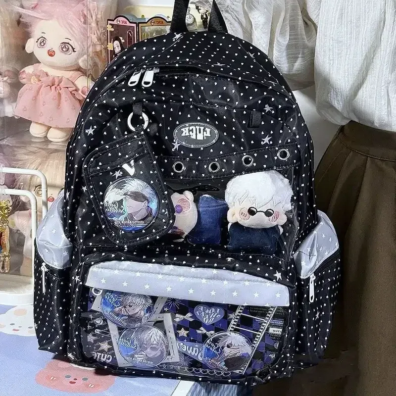 sac à dos polyvalent grande capacité harajuku y2k à pois mignon pour usage quotidien, style ulzzang ita bag, inspiré des expositions de bandes dessinées