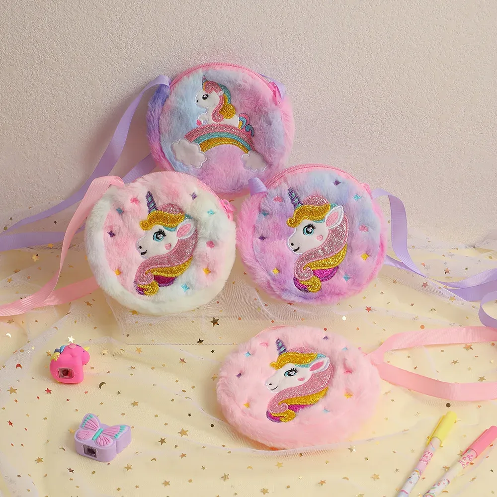 sac à bandoulière licorne de dessin animé pour enfants, 2 pièces, joli sac à bandoulière en peluche pour filles, petit sac à dos adapté aux cadeaux de vacances scolaires