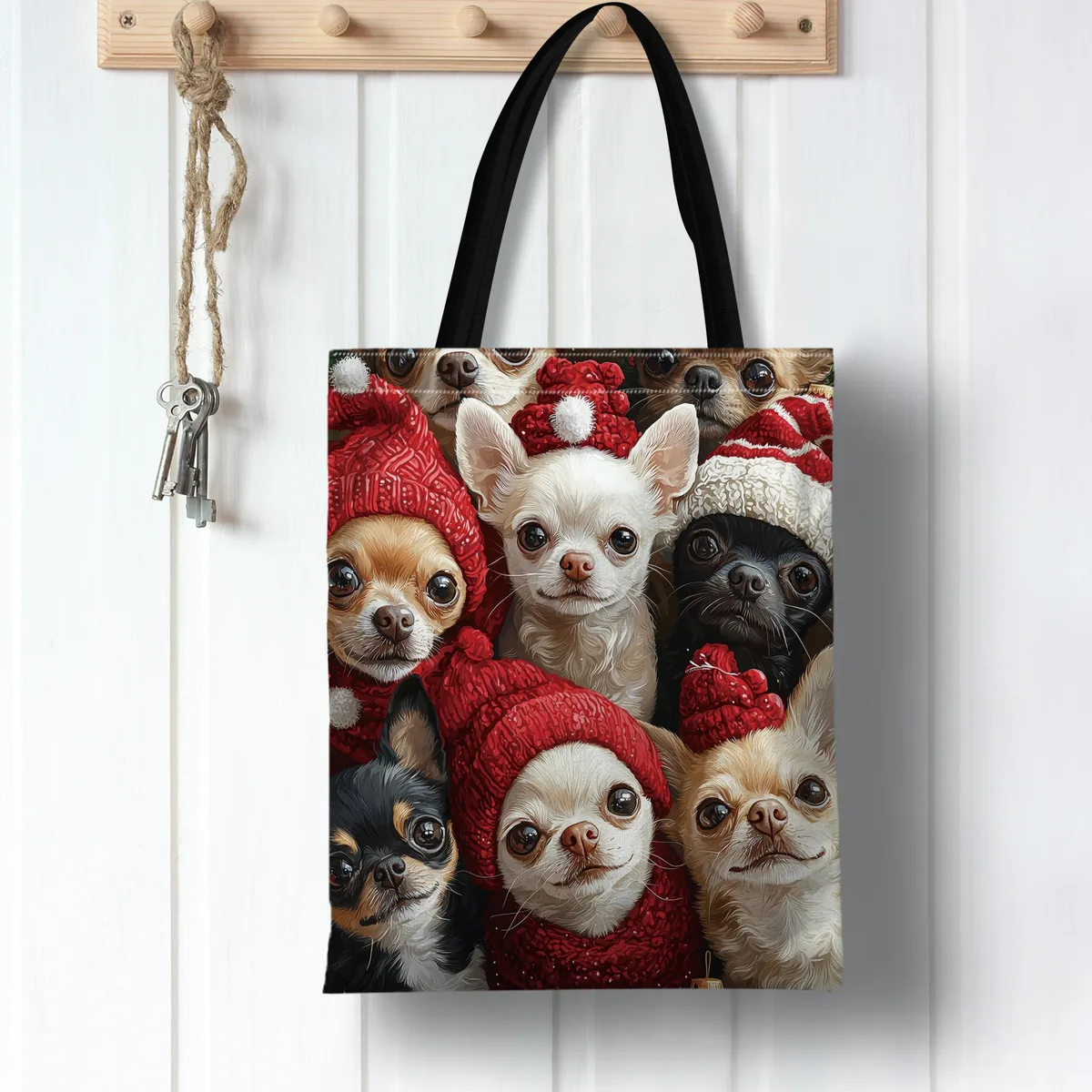 sac fourre-tout en polyester imprimé chihuahua, sac à bandoulière de shopping durable et réutilisable avec design animal mignon, 1 pièce