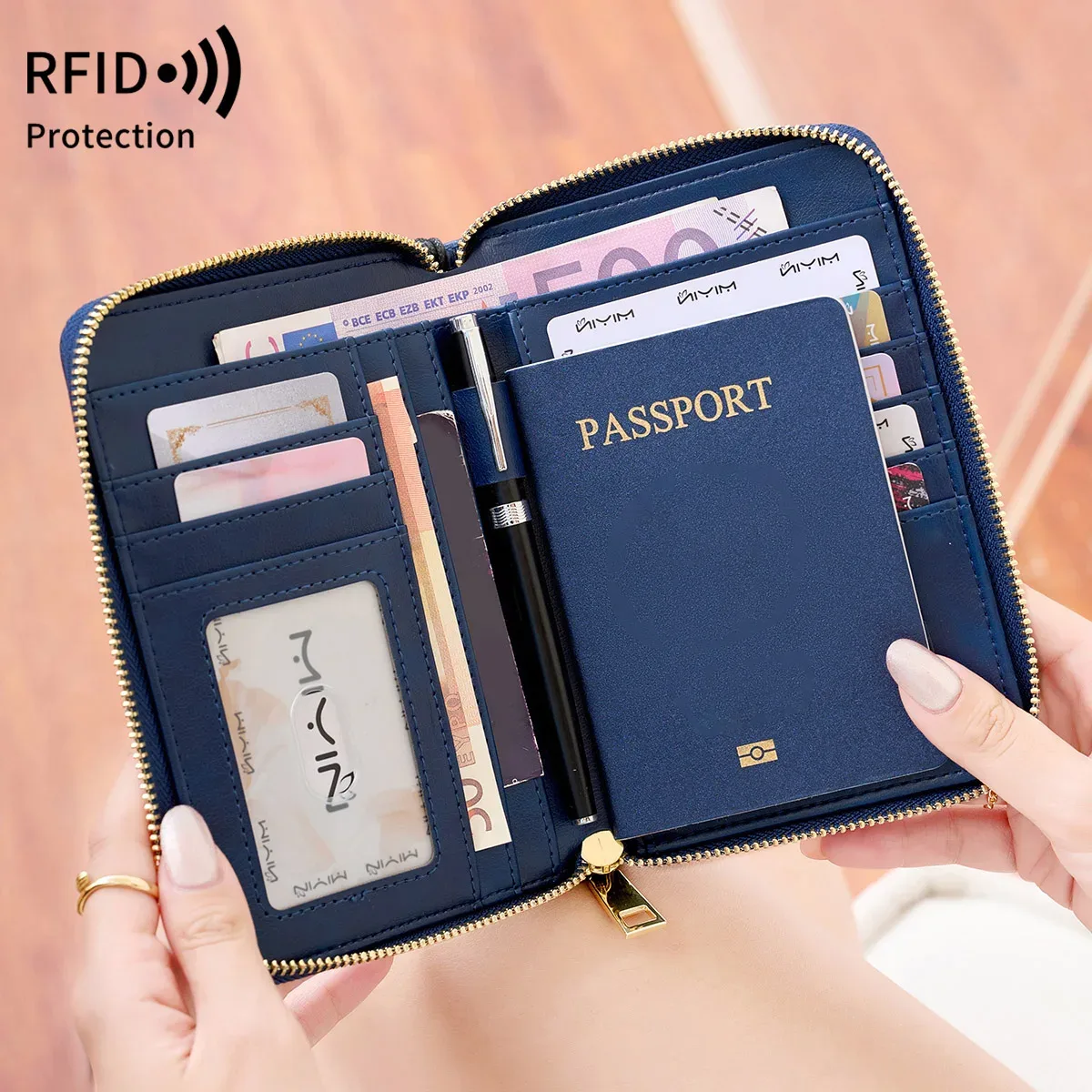 porte-passeport bloquant rfid, portefeuille de voyage, passeport, sac pour cartes de crédit, portefeuille multifonctionnel à fermeture éclair avec dragonne, à la mode