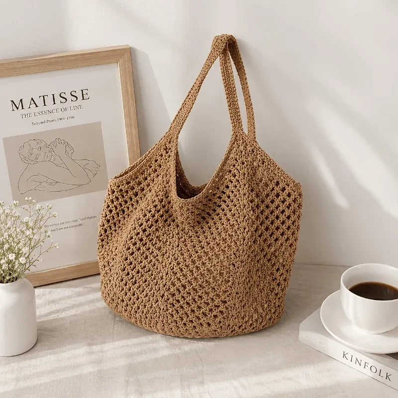sac fourre-tout tissé de grande capacité pour femmes, sac à main léger et respirant à ouverture supérieure pour la plage, les voyages, le shopping, les trajets quotidiens.