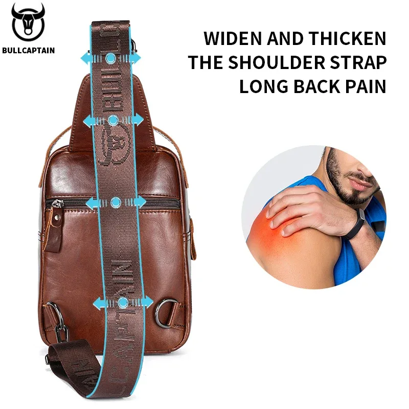 bullcaptain sac de poitrine en cuir véritable pour hommes décontracté rétro 7.9 pouces sac pour téléphone portable multifonctionnel antivol sac à bandoulière