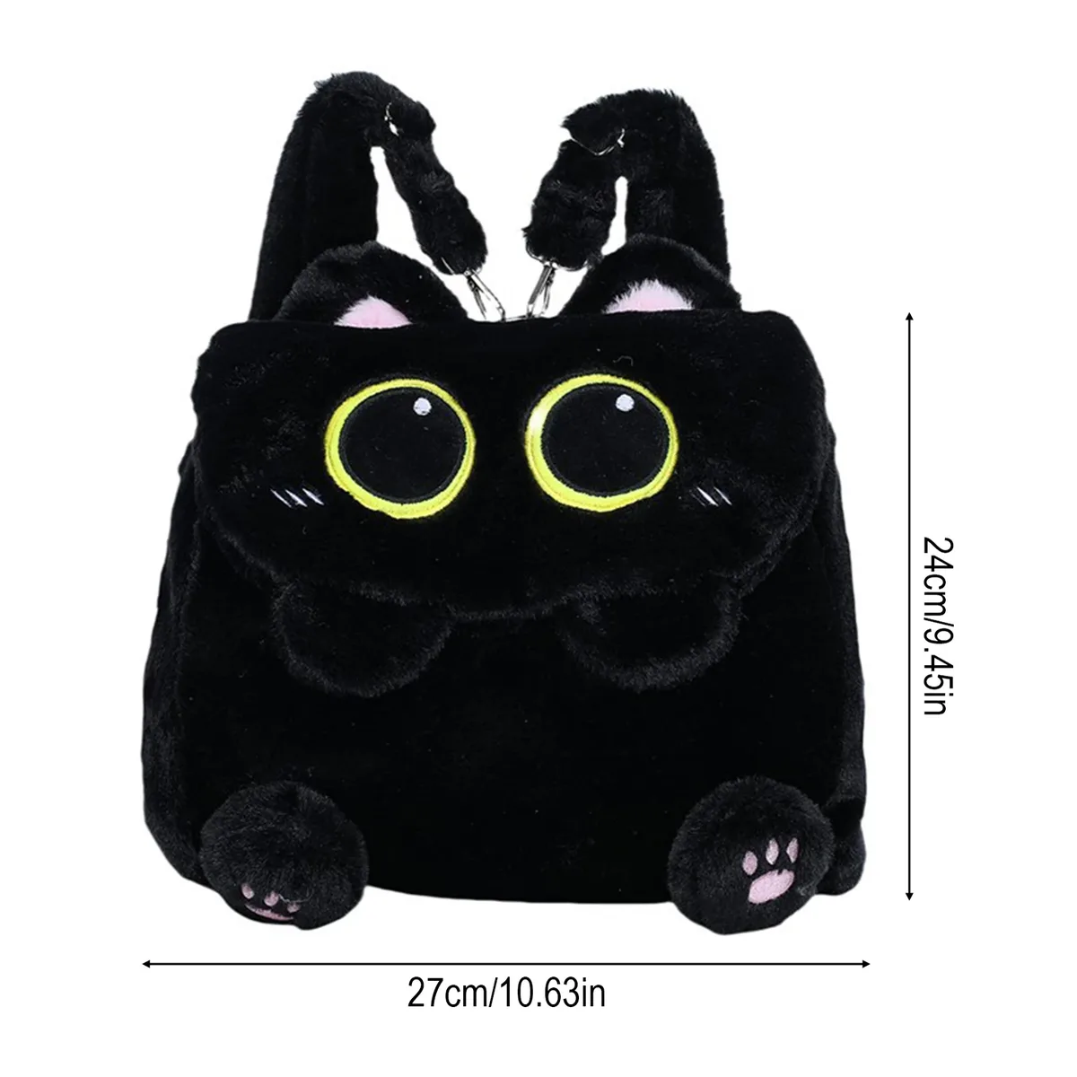 sac à dos en peluche chat noir pour filles, design chaton mignon, grande capacité, léger, pour l'école, les voyages et l'usage quotidien